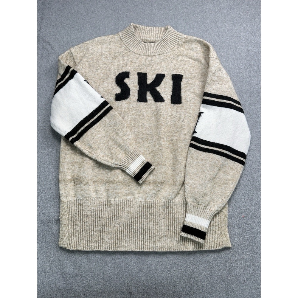 Lou & Grey Womens M Oatmeal Beige SKI Graphic Mock Neck Pullover Sweater Stripe